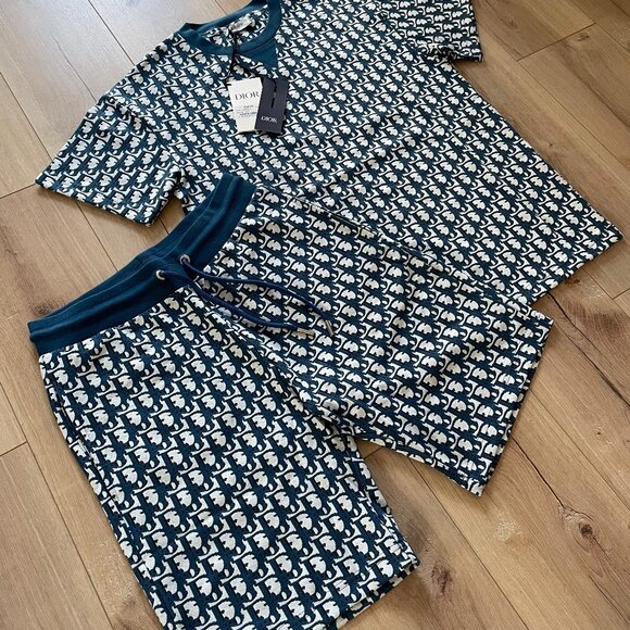LARGE DIOR MEN'S NAVY T-SHIRT SHORT SET COTTON - Picture 10 of 12